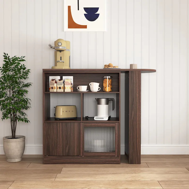 Meuble Bar Noyer avec Plateau Supérieur Rotatif et Portes en Verre Nervuré
