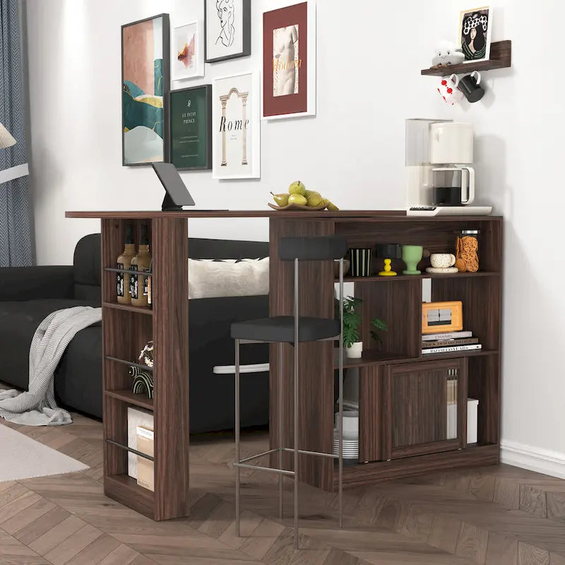 Meuble Bar Noyer avec Plateau Supérieur Rotatif et Portes en Verre Nervuré