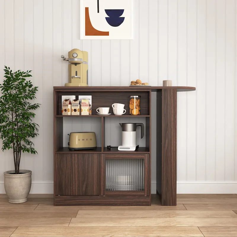 Meuble Bar Noyer avec Plateau Supérieur Rotatif et Portes en Verre Nervuré