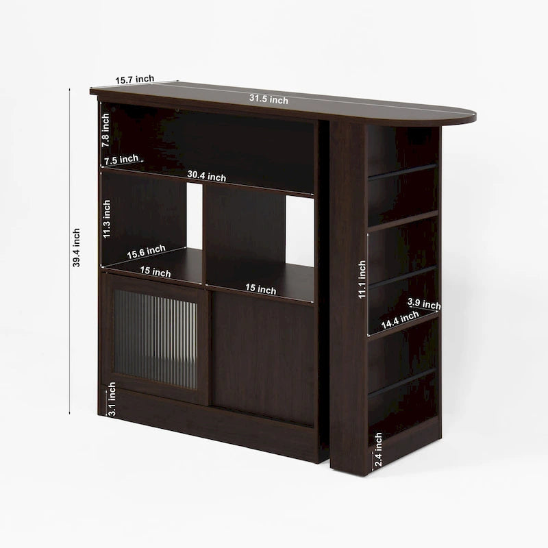 Meuble Bar Noyer avec Plateau Supérieur Rotatif et Portes en Verre Nervuré