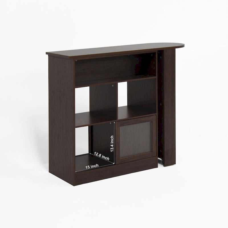 Meuble Bar Noyer avec Plateau Supérieur Rotatif et Portes en Verre Nervuré