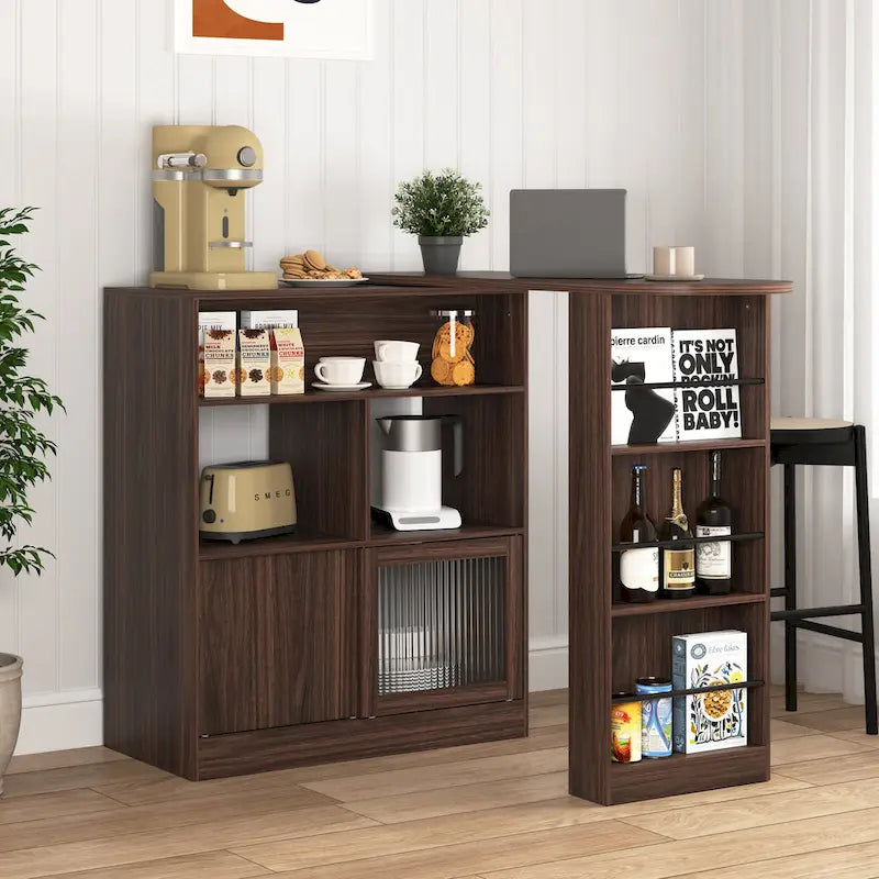 Meuble Bar Noyer avec Plateau Supérieur Rotatif et Portes en Verre Nervuré