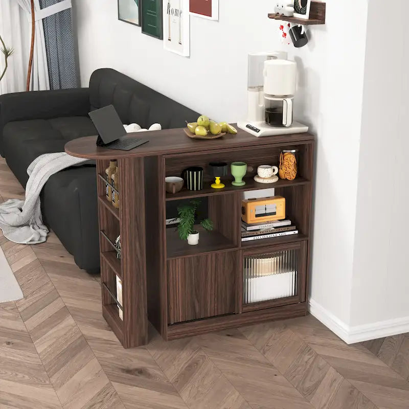 Meuble Bar Noyer avec Plateau Supérieur Rotatif et Portes en Verre Nervuré