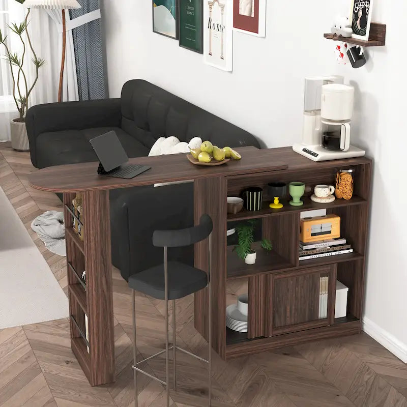 Meuble Bar Noyer avec Plateau Supérieur Rotatif et Portes en Verre Nervuré
