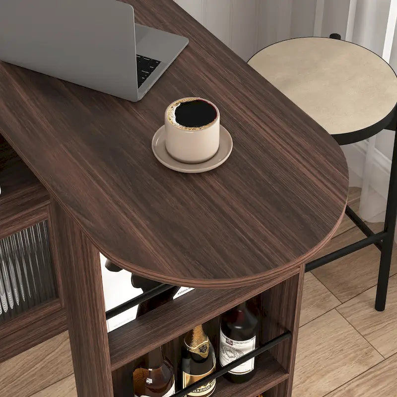 Meuble Bar Noyer avec Plateau Supérieur Rotatif et Portes en Verre Nervuré