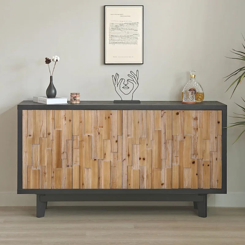 Buffet 4 portes en bois de récupération avec mosaïque, cadre foncé et pieds carrés
