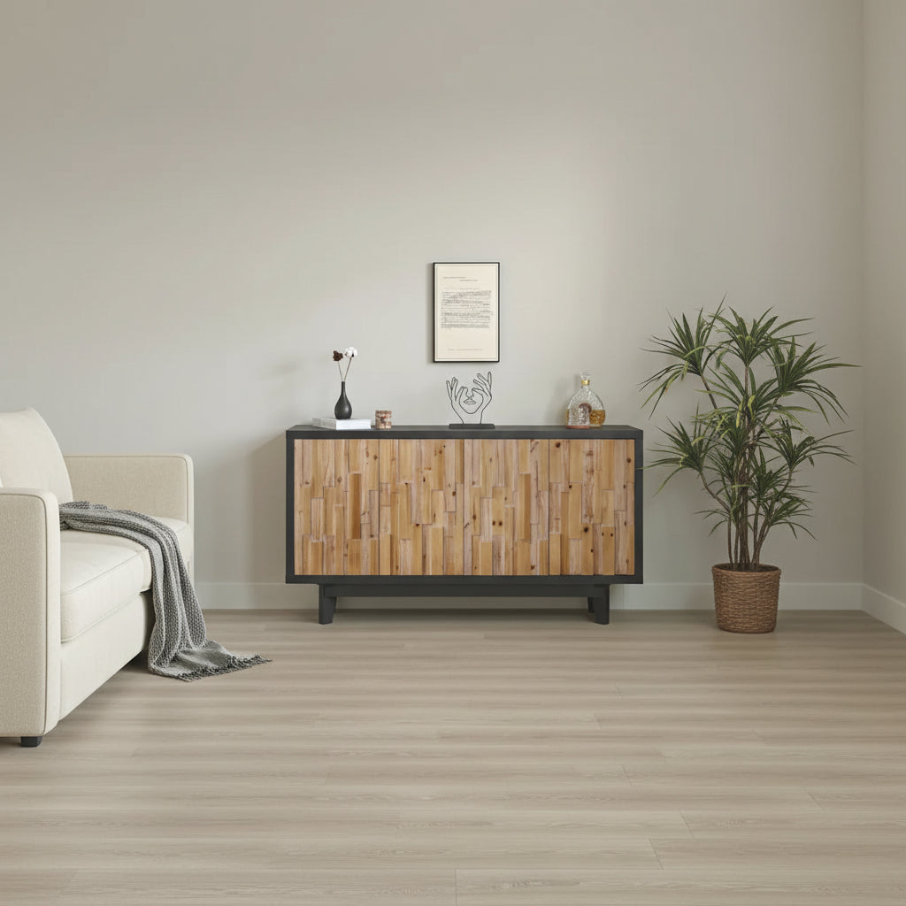 Modern Wooden 4-Door Storage Cabinet with Textured Geometric Design - Natural Wood Door