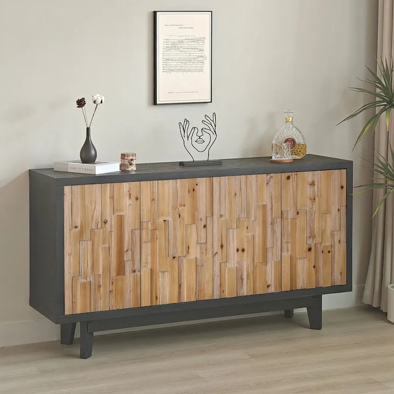 Buffet 4 portes en bois de récupération avec mosaïque, cadre foncé et pieds carrés