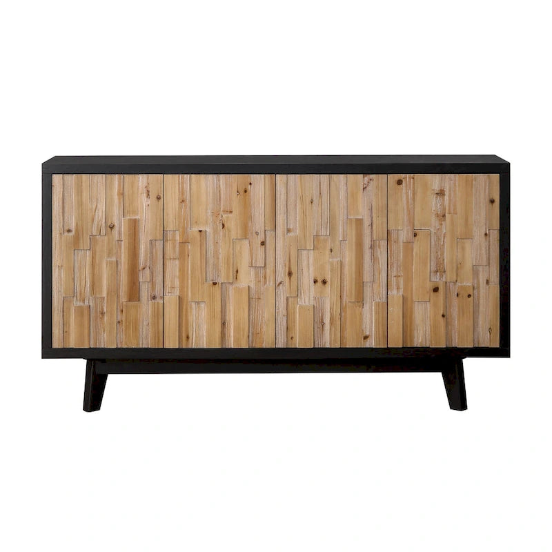 Buffet 4 portes en bois de récupération avec mosaïque, cadre foncé et pieds carrés