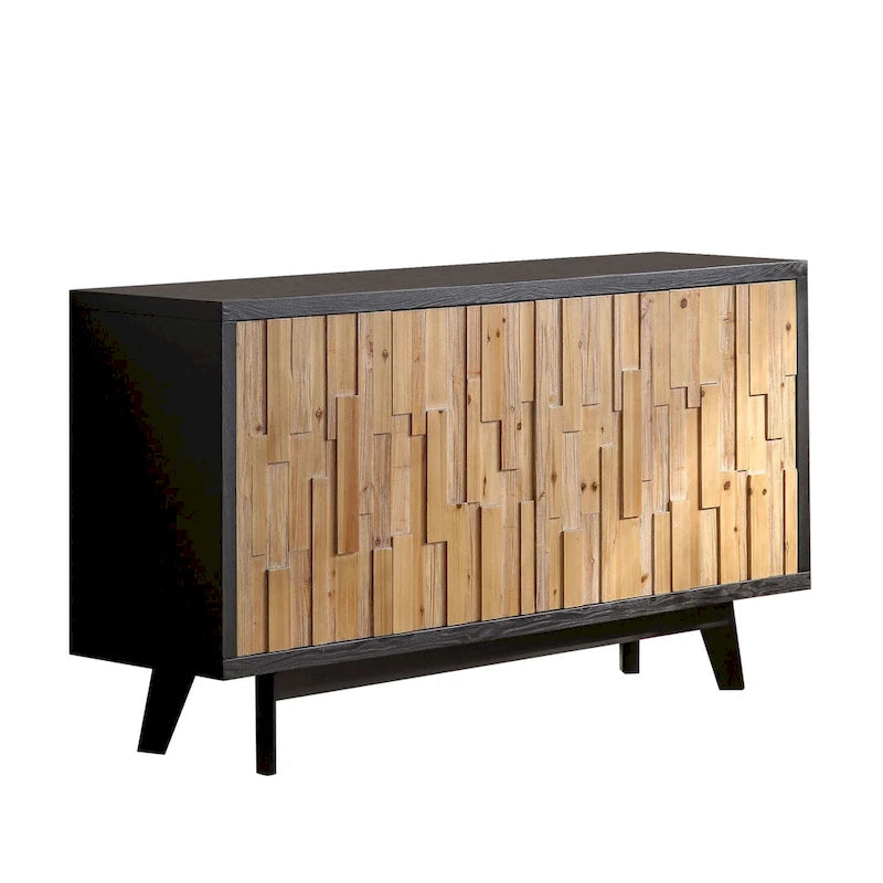 Buffet 4 portes en bois de récupération avec mosaïque, cadre foncé et pieds carrés