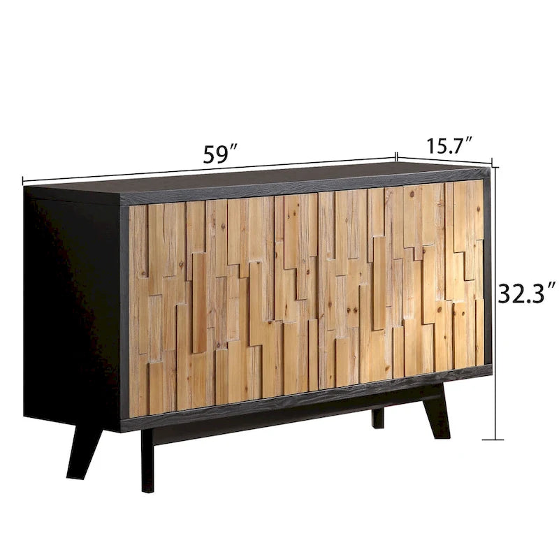 Buffet 4 portes en bois de récupération avec mosaïque, cadre foncé et pieds carrés