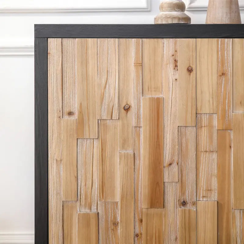 Buffet 4 portes en bois de récupération avec mosaïque, cadre foncé et pieds carrés
