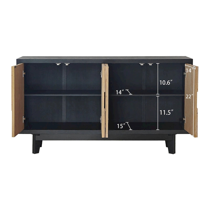 Buffet 4 portes en bois de récupération avec mosaïque, cadre foncé et pieds carrés