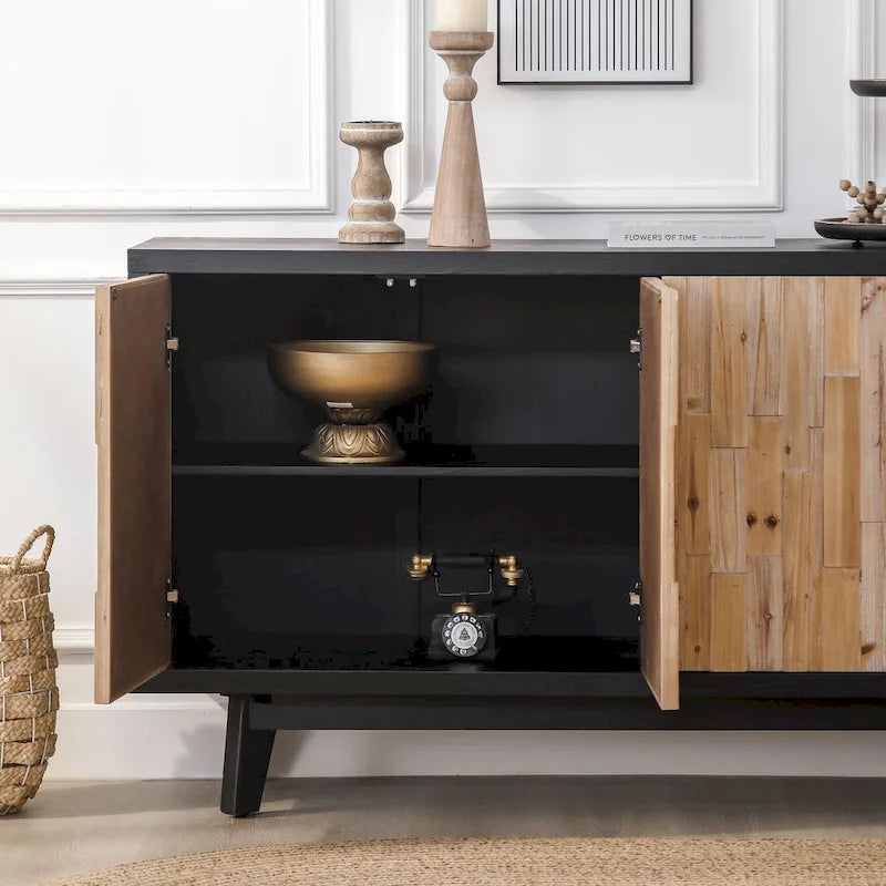 Buffet 4 portes en bois de récupération avec mosaïque, cadre foncé et pieds carrés