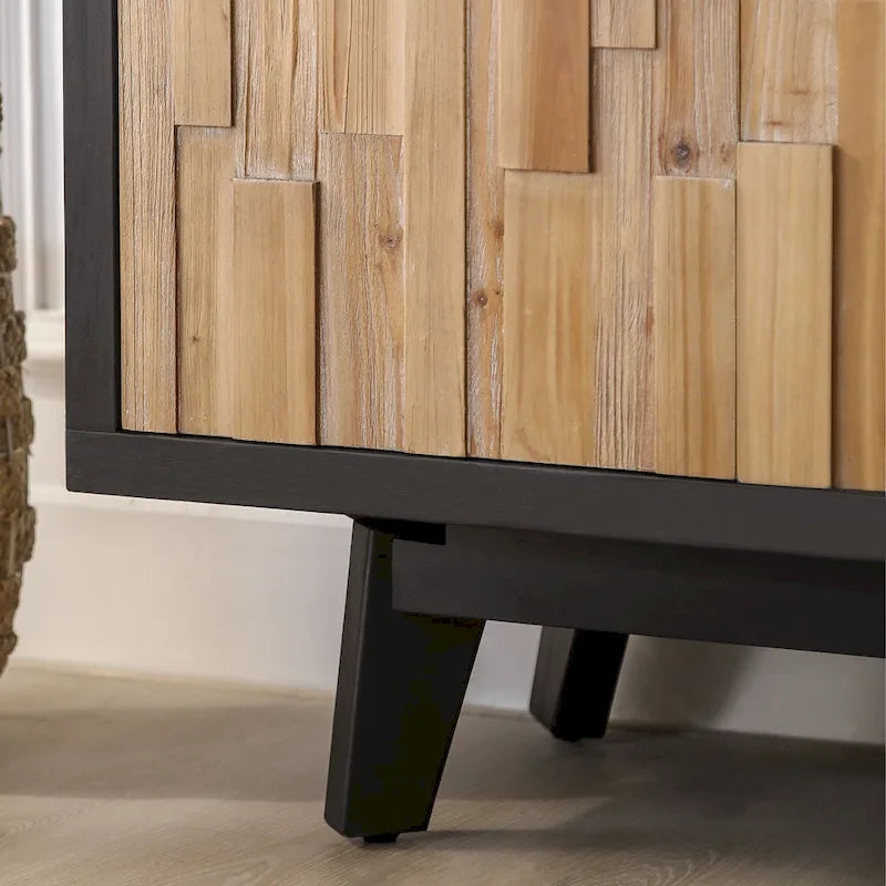 Buffet 4 portes en bois de récupération avec mosaïque, cadre foncé et pieds carrés