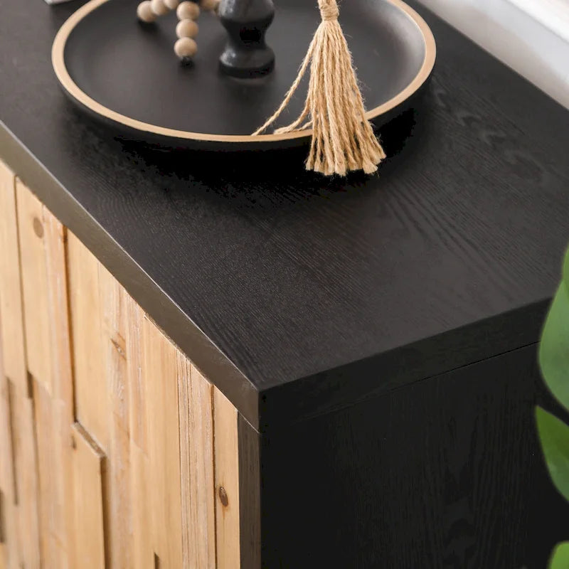 Buffet 4 portes en bois de récupération avec mosaïque, cadre foncé et pieds carrés