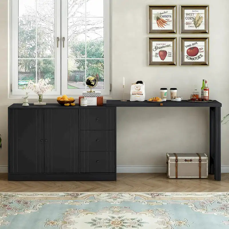 Buffet 2 portes, 3 tiroirs, plateau supérieur coulissant extensible