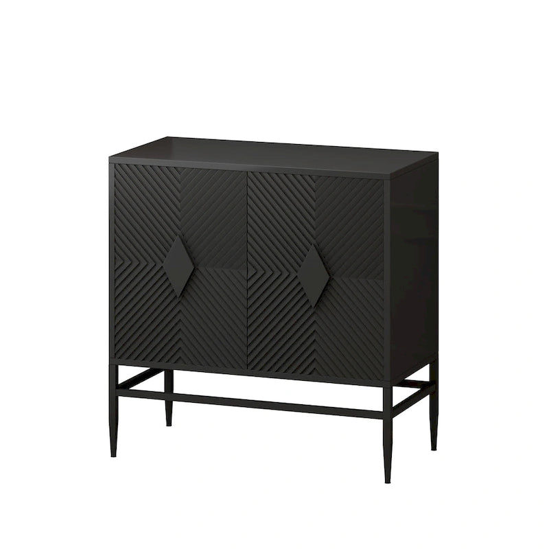 Meuble d'appoint noir à double porte avec portes cannelées et pieds en métal