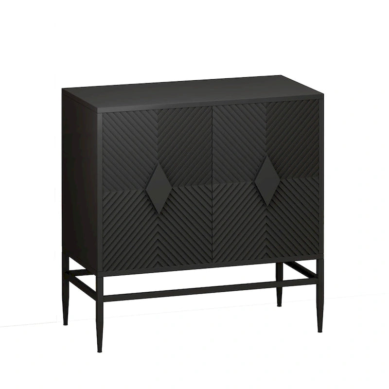 Meuble d'appoint noir à double porte avec portes cannelées et pieds en métal