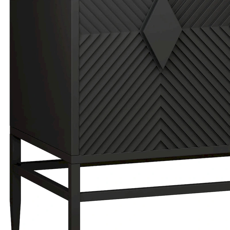 Meuble d'appoint noir à double porte avec portes cannelées et pieds en métal