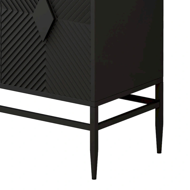 Meuble d'appoint noir à double porte avec portes cannelées et pieds en métal