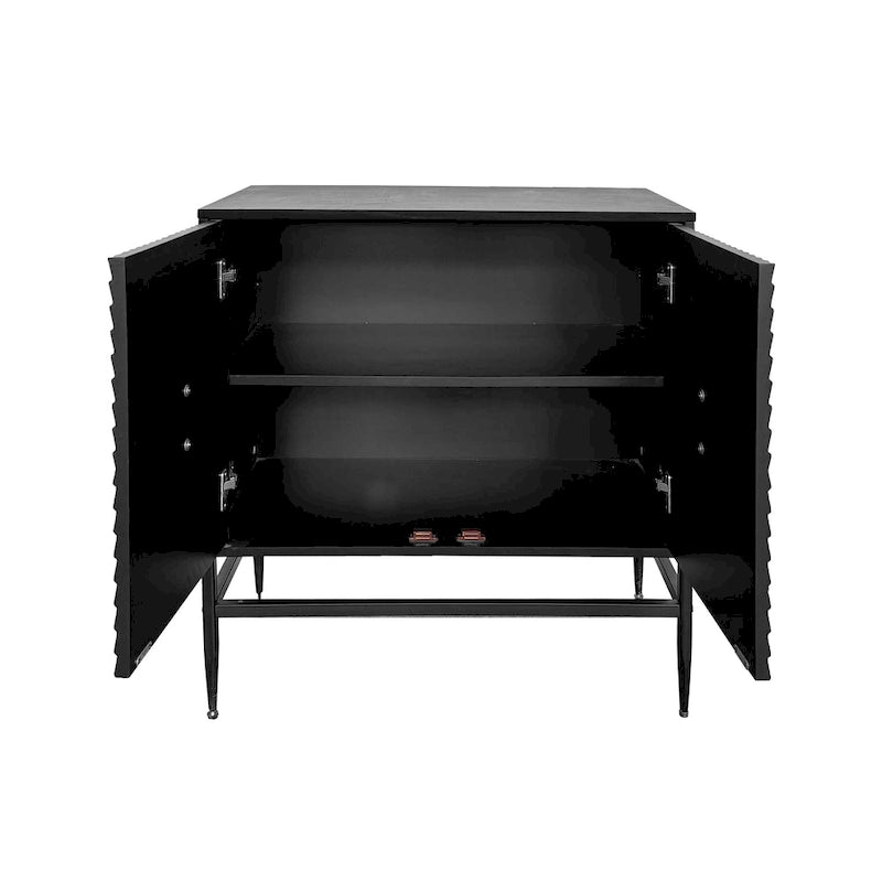 Meuble d'appoint noir à double porte avec portes cannelées et pieds en métal