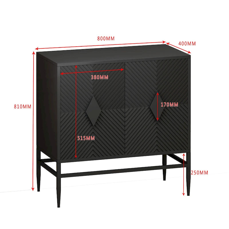 Meuble d'appoint noir à double porte avec portes cannelées et pieds en métal