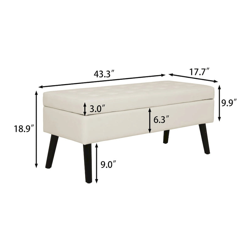Banc de rangement capitonné rabattable de 109 cm avec pieds en bois massif