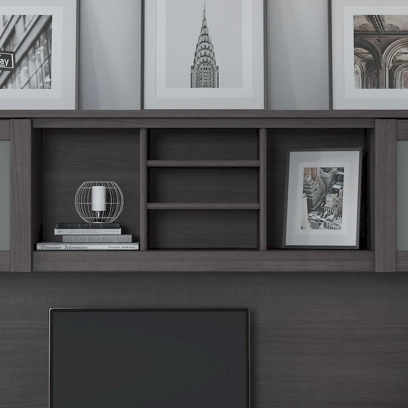 Hutch de bureau gris foncé de 183 cm avec portes en verre dépoli et étagères ouvertes