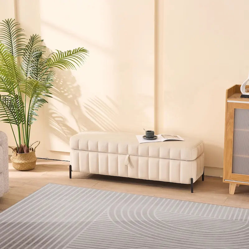 Banc coffre de rangement capitonné en velours avec pieds en métal, beige ou vert