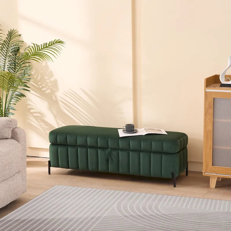 Banc coffre de rangement capitonné en velours avec pieds en métal, beige ou vert