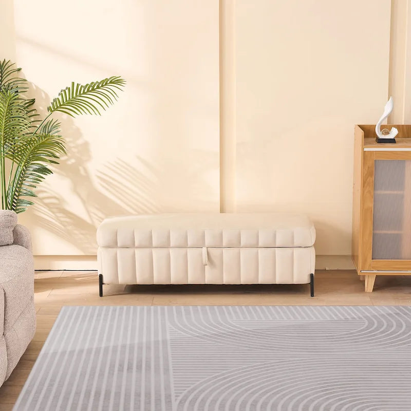 Banc coffre de rangement capitonné en velours avec pieds en métal, beige ou vert