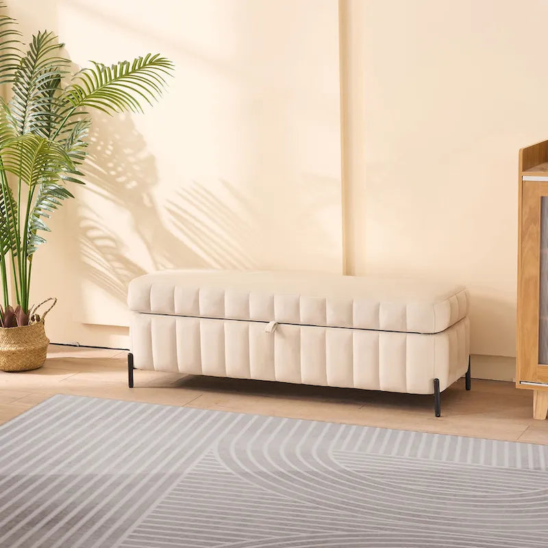Banc coffre de rangement capitonné en velours avec pieds en métal, beige ou vert