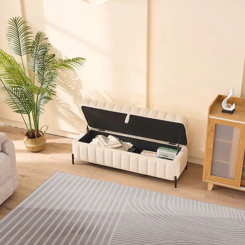 Banc coffre de rangement capitonné en velours avec pieds en métal, beige ou vert