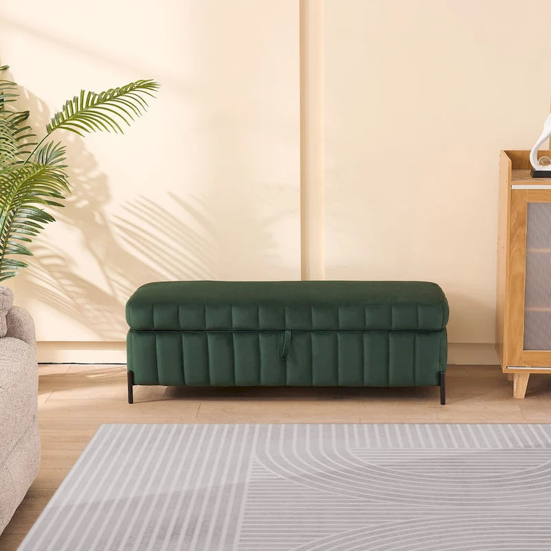 Banc coffre de rangement capitonné en velours avec pieds en métal, beige ou vert