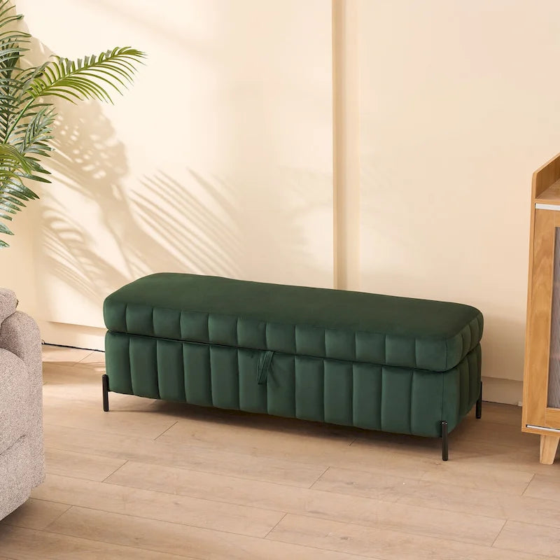 Banc coffre de rangement capitonné en velours avec pieds en métal, beige ou vert