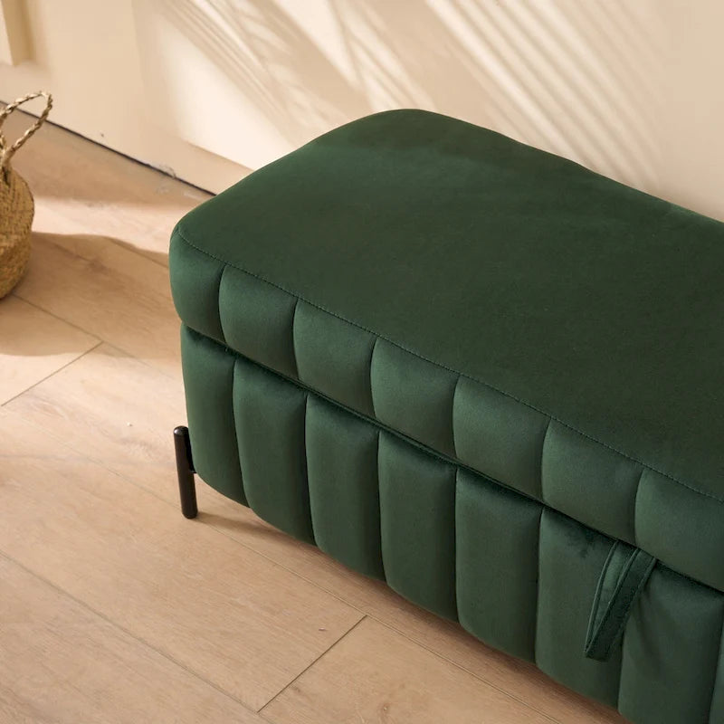 Banc coffre de rangement capitonné en velours avec pieds en métal, beige ou vert