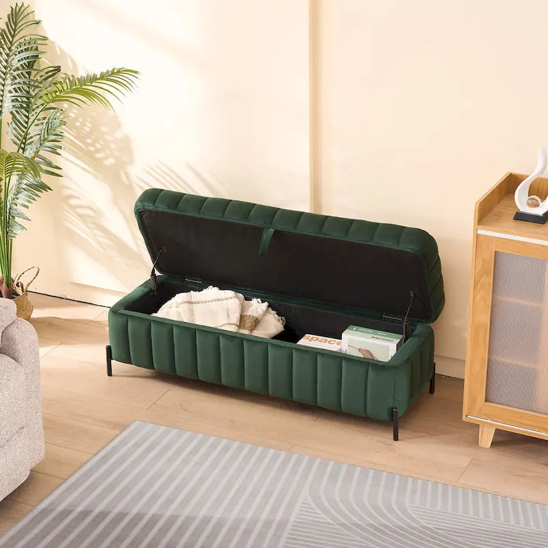 Banc coffre de rangement capitonné en velours avec pieds en métal, beige ou vert