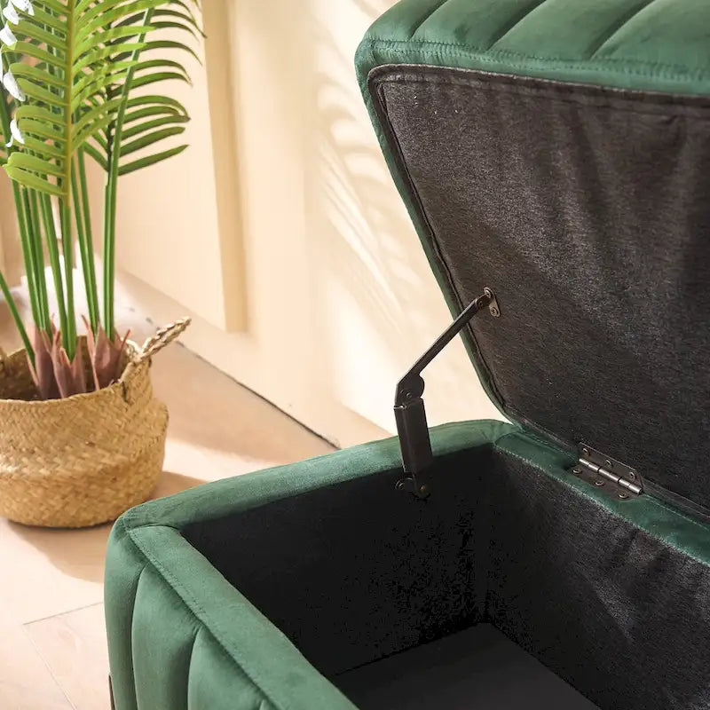 Banc coffre de rangement capitonné en velours avec pieds en métal, beige ou vert