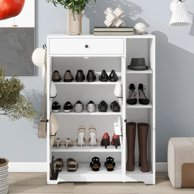 Meuble à chaussures blanc à 2 portes persiennes avec étagères latérales ouvertes et tiroir supérieur