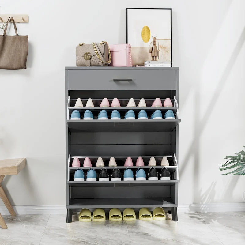 Meuble à chaussures gris à 2 étagères rabattables avec étagère inférieure ouverte et plateau d'affichage