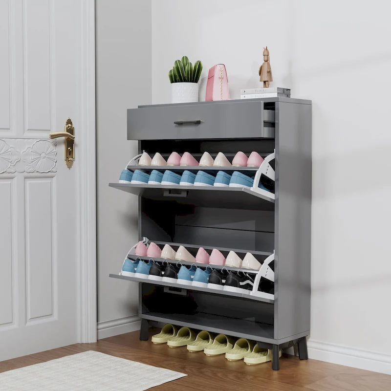 Meuble à chaussures gris à 2 étagères rabattables avec étagère inférieure ouverte et plateau d'affichage
