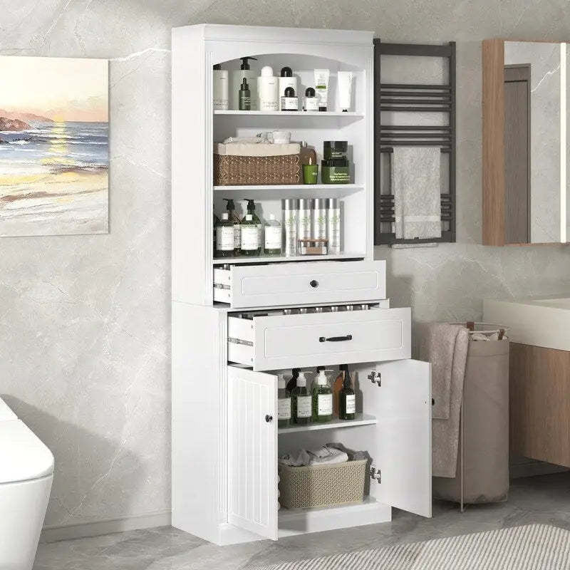 Meuble de rangement haut de salle de bain blanc avec étagères ouvertes, tiroirs et portes