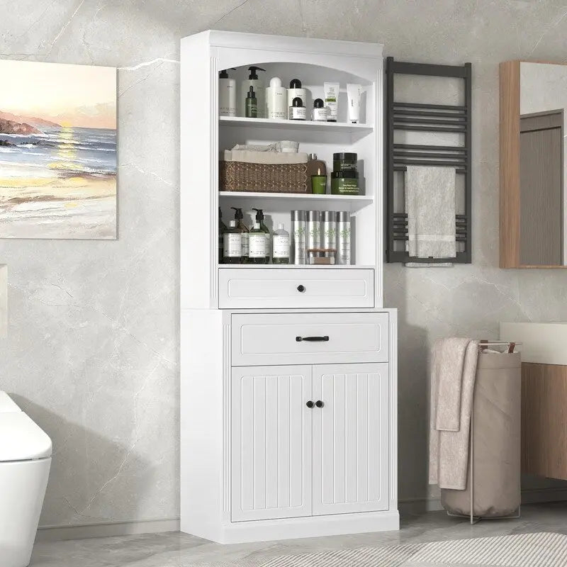 Meuble de rangement haut de salle de bain blanc avec étagères ouvertes, tiroirs et portes