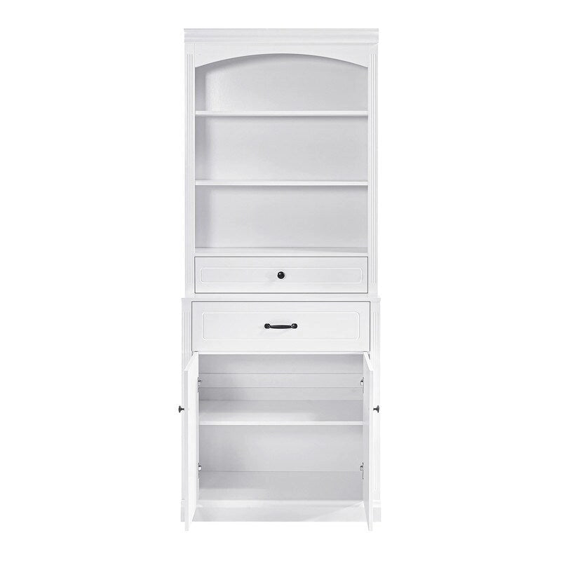 Meuble de rangement haut de salle de bain blanc avec étagères ouvertes, tiroirs et portes