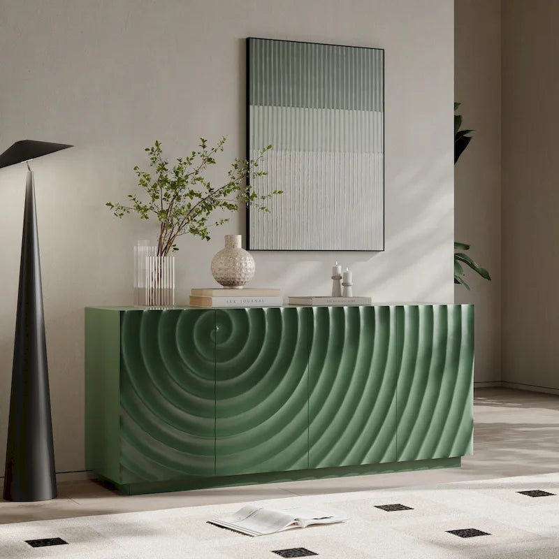Bahut à 4 portes avec motifs de vagues vert foncé en relief et base suspendue