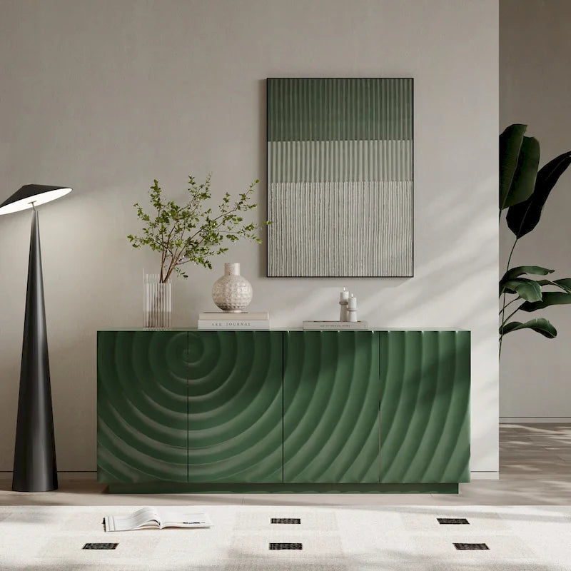 Bahut à 4 portes avec motifs de vagues vert foncé en relief et base suspendue