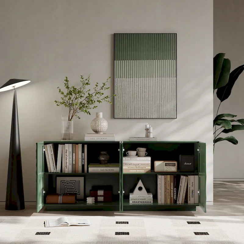 Bahut à 4 portes avec motifs de vagues vert foncé en relief et base suspendue