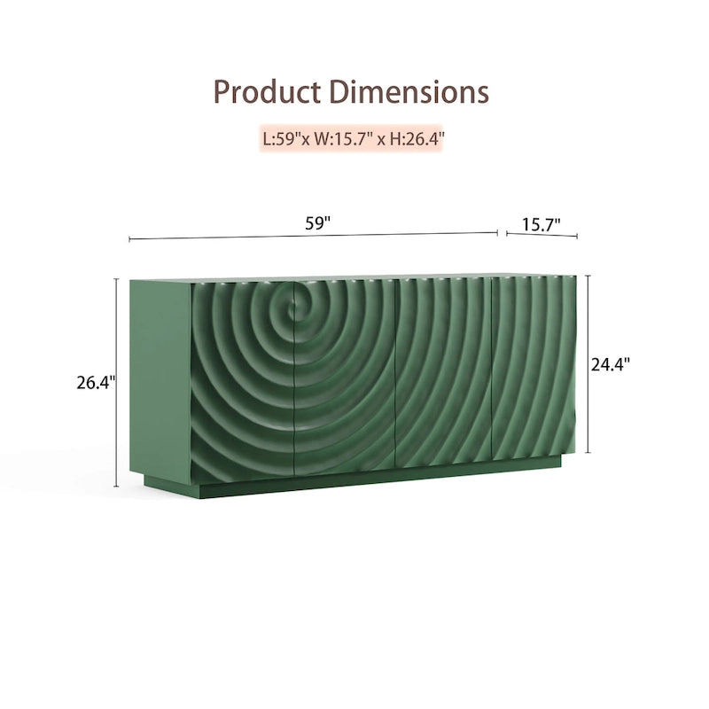 Bahut à 4 portes avec motifs de vagues vert foncé en relief et base suspendue