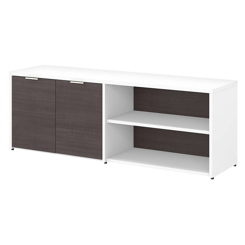 Meuble bas de bureau blanc et noyer avec portes et étagères ouvertes